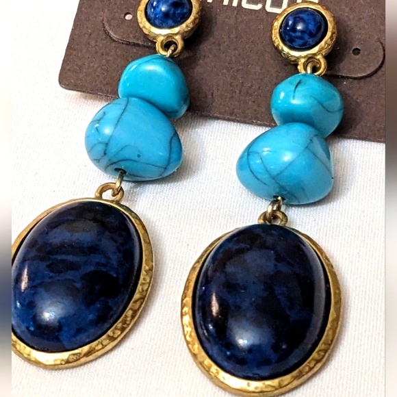NEW Chicos Gold Turquoise & Blue Lapis Dangle Pierced Earrings - Picture 8 of 10